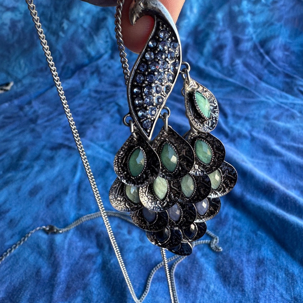 Vintage Peacock Statement Necklace Silver Green Blue Bird Articulated Dangle - Picture 12 of 12